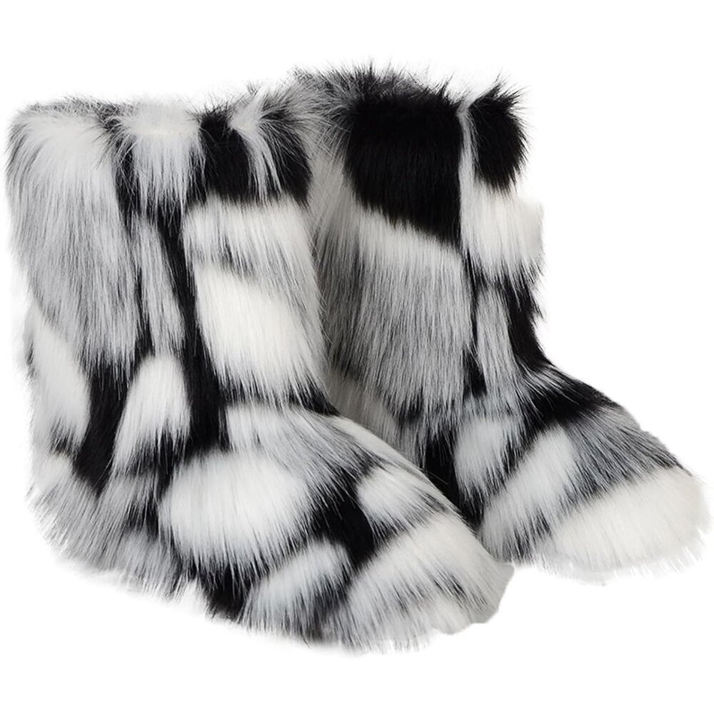 Womens Winter Snow Boots Knee High Faux Fur Lined Flat White & Black Warm Shoes